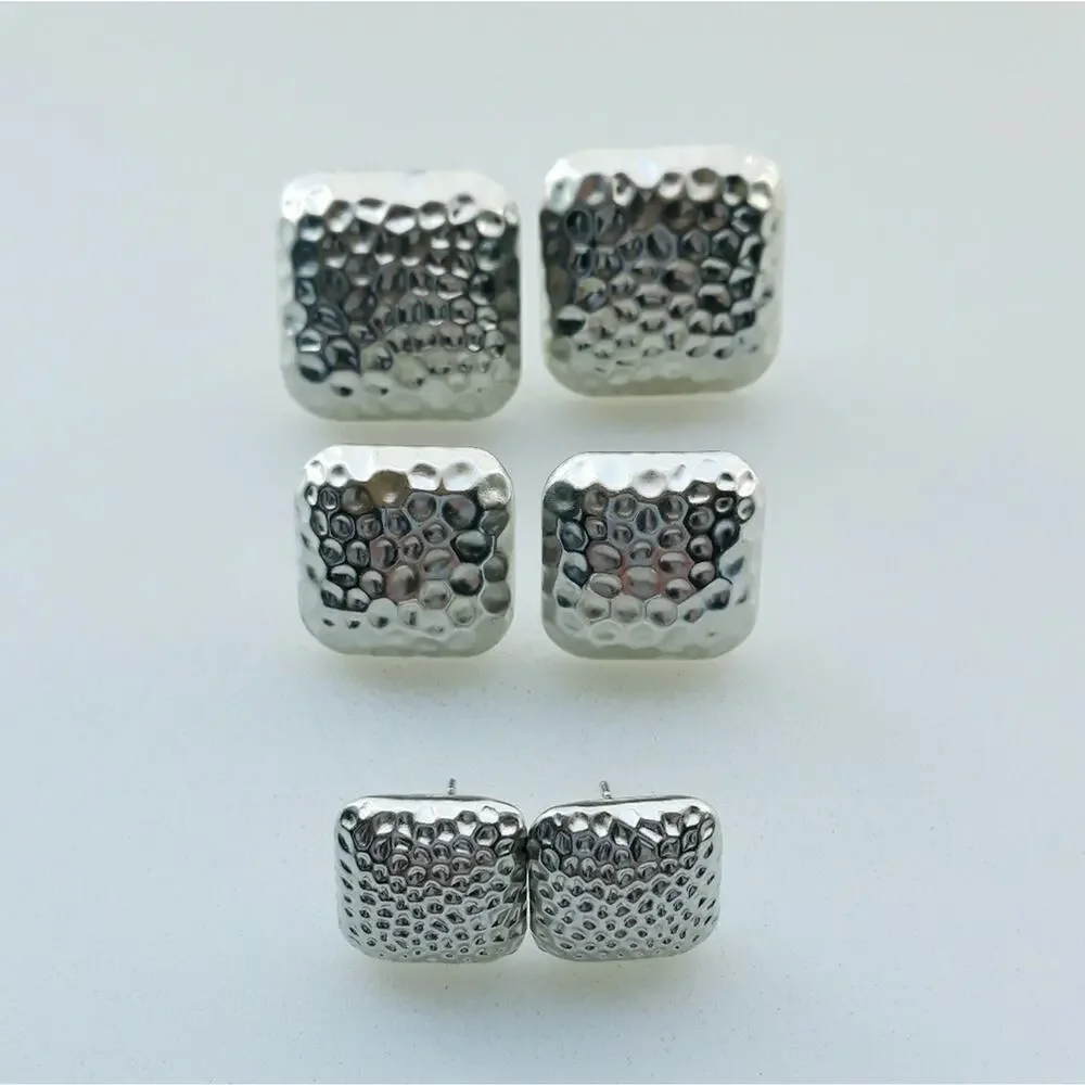 Vintage  Stud Earrings Dimple Silver Square 3-pair